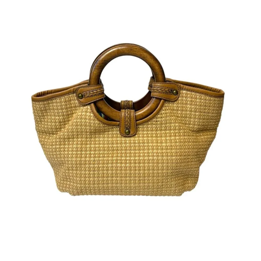 Vintage Fossil Tan Woven Straw Wood Handles Small Satchel Tote Bag Y2K 90’s Boho